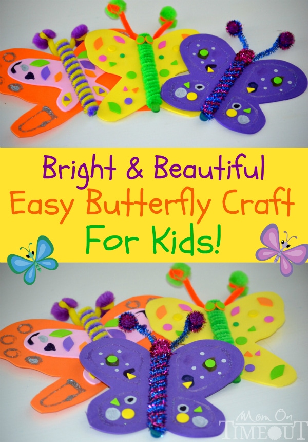 Easy butterfly craft for kids collage with three butterflies made with foam and popsicle sticks 