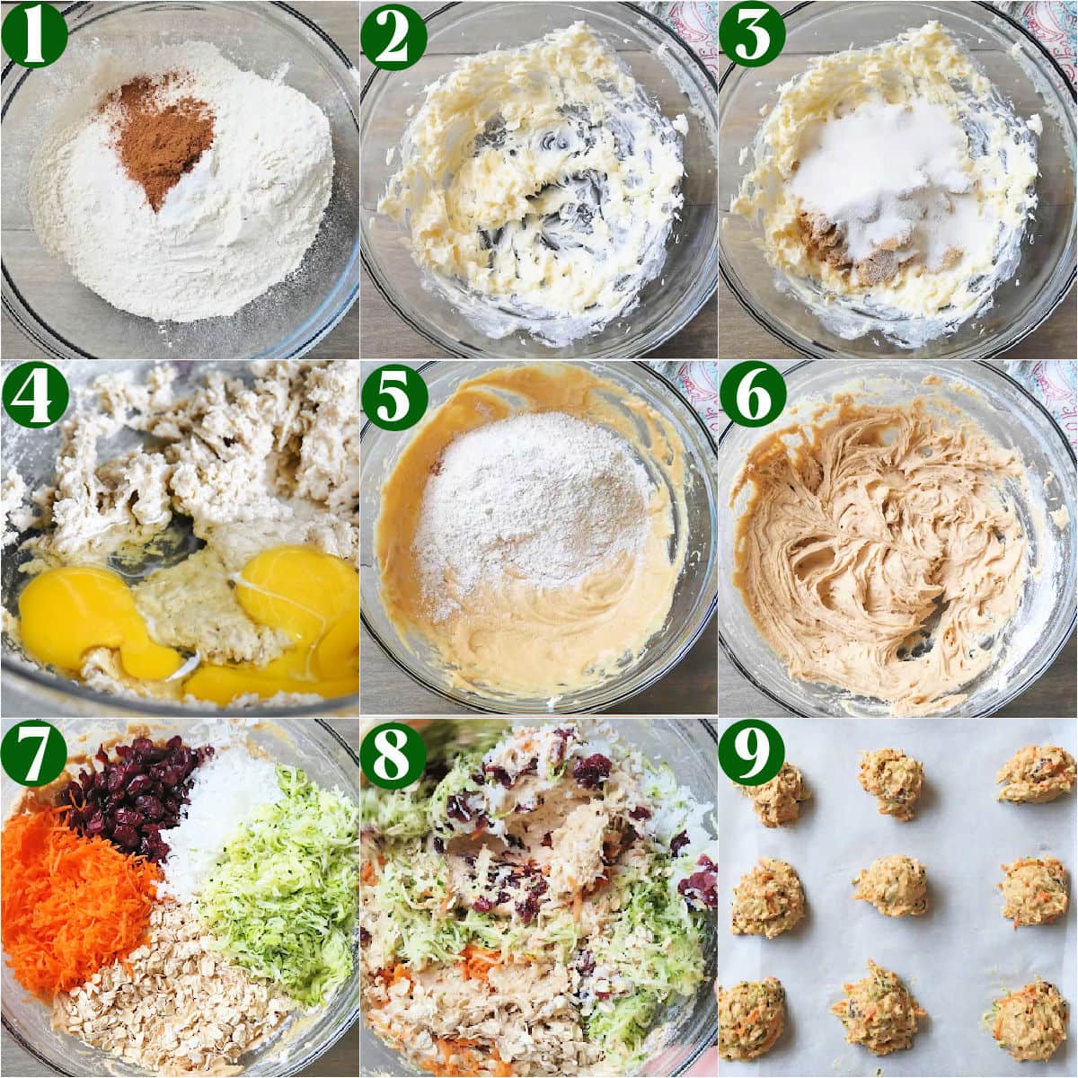 Nine image collage showing how to make zucchini cookies step by step.