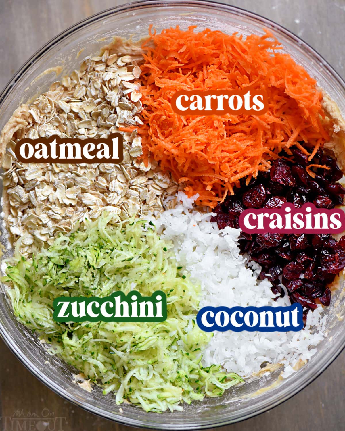 Top down look at ingredients in mixing bowl labeled for zucchini cookies.