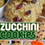 Three image collage showing Zucchini Cookies in a row on a board, top cookie cut in half and a bowl of the cookie ingredients. Center color block with text overlay.