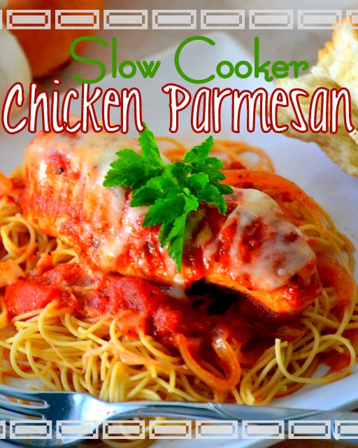 Easy, Cheesy, Slow Cooker Chicken Parmesan | Mom On Timeout - Easy AND Delicious! The perfect weeknight meal! #dinner #chicken #recipe #slowcooker