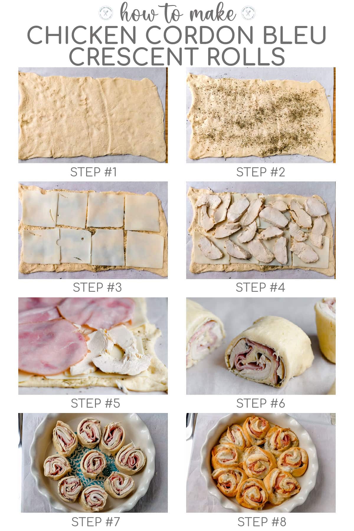 Eight image collage showing how to assemble the chicken cordon bleu crescent rolls step by step.