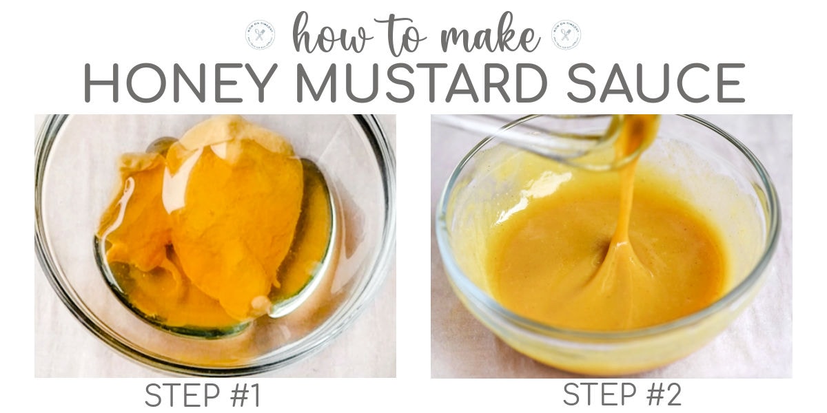 Two image collage showing how to make honey mustard sauce.