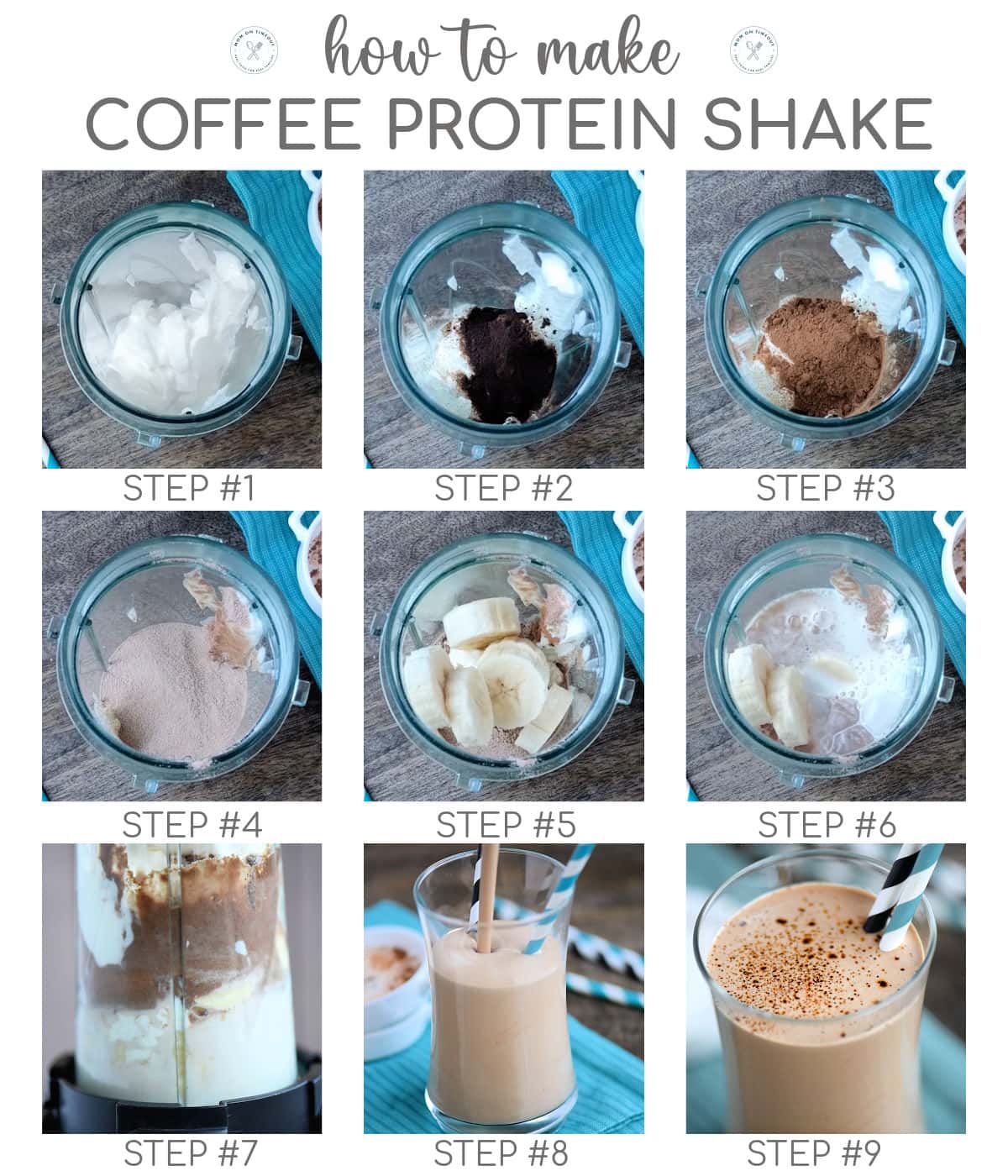 nine image collage showing step by step how to make coffee protein shake recipe.