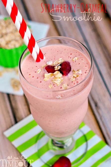 Strawberry Oatmeal Smoothie made with Greek yogurt, honey and oats for a satisfying, nutritious start to your day! | MomOnTimeout.com | #breakfast #smoothie #recipe