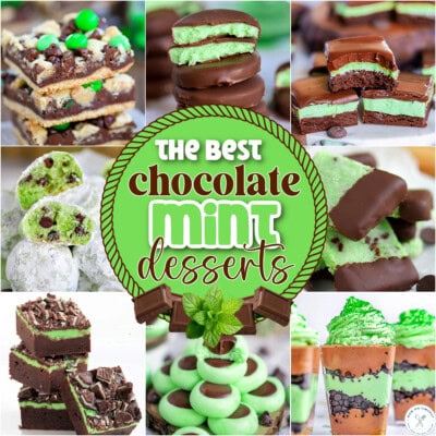 Collage of 8 chocolate mint desserts with text overlay.