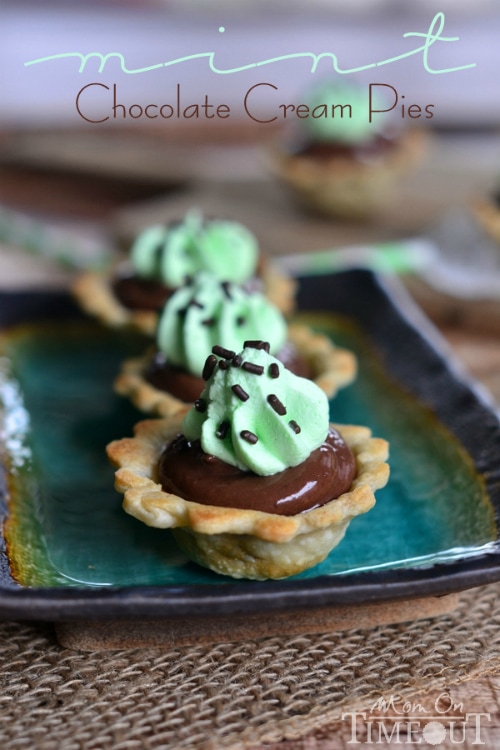 Mini Chocolate Mint Cream Pies | MomOnTimeout.com Mini pie shells filled with chocolate cream and mint!