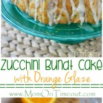 two image collage of zucchini bundt cake with orange glaze on green cake stand and plated. Center color block with text overlay.
