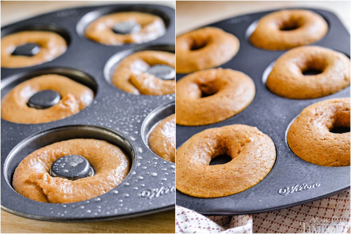 Two image collage showing pumpkin donuts in donut pan ready to bake and baked.