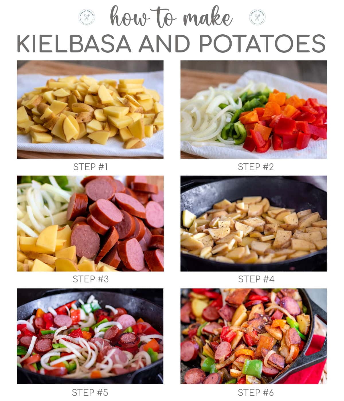 Six image collage showing how to make kielbasa and potatoes step by step.