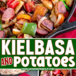 Three image collage of kielbasa and potatoes in a cast iron skillet made with bell peppers and onions ready to be served. Center color block with text overlay.