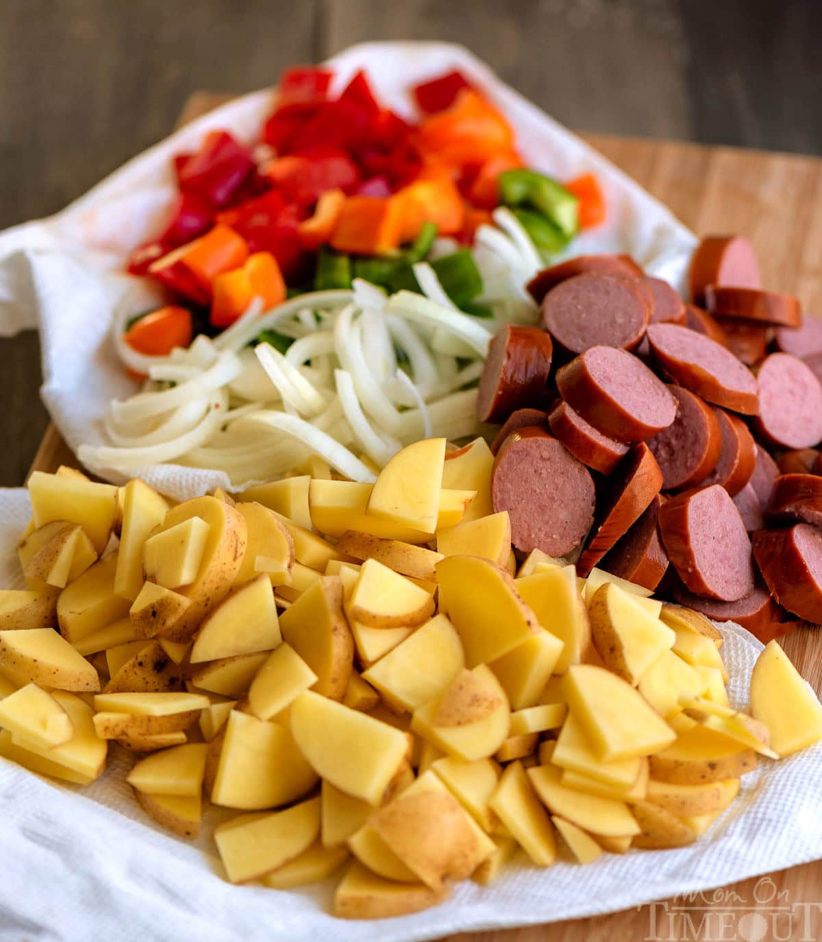 Kielbasa potato recipe ingredients all cut up and ready to be used.