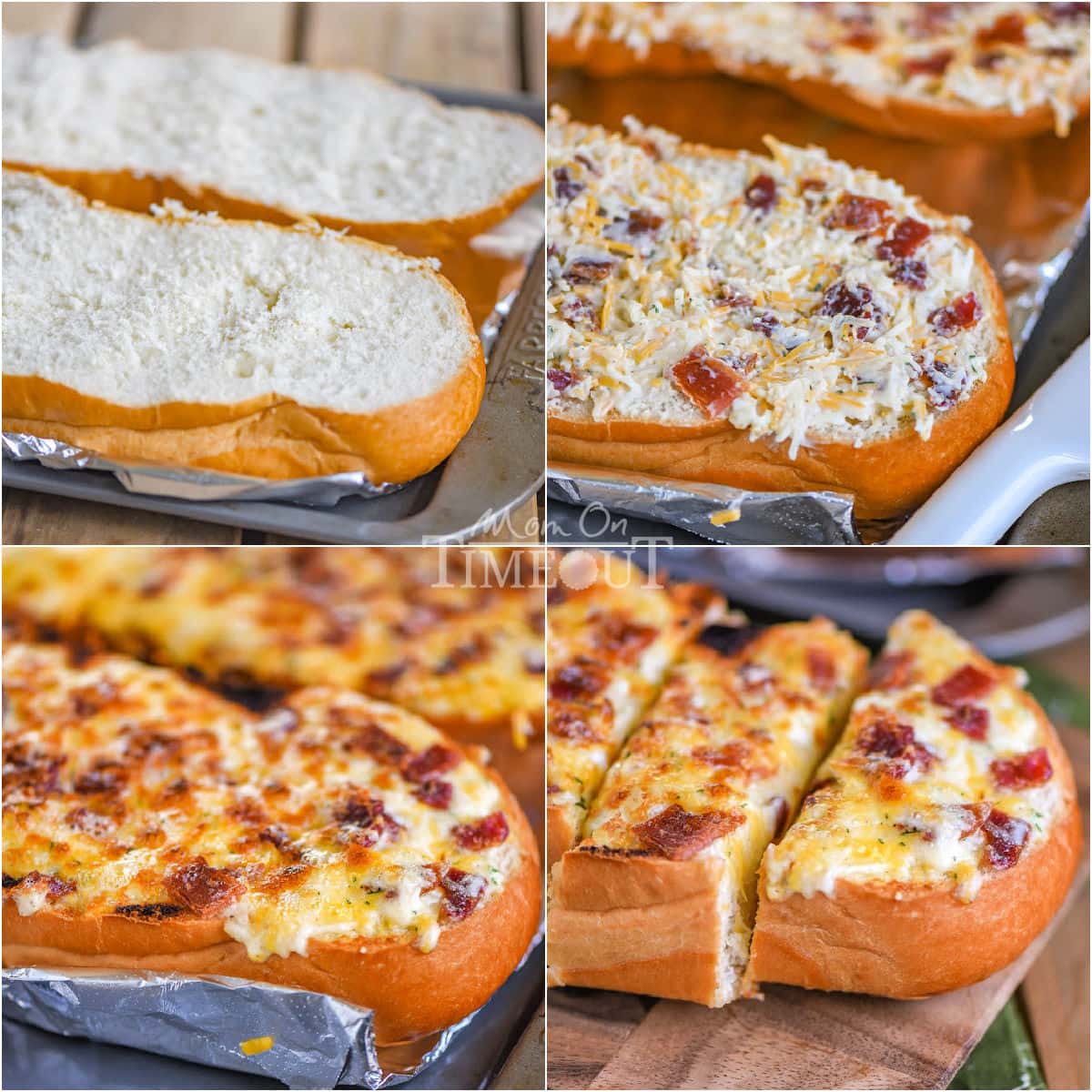 Four image collage showing how to prep, assemble and bake cheesy bread with bacon and ranch.