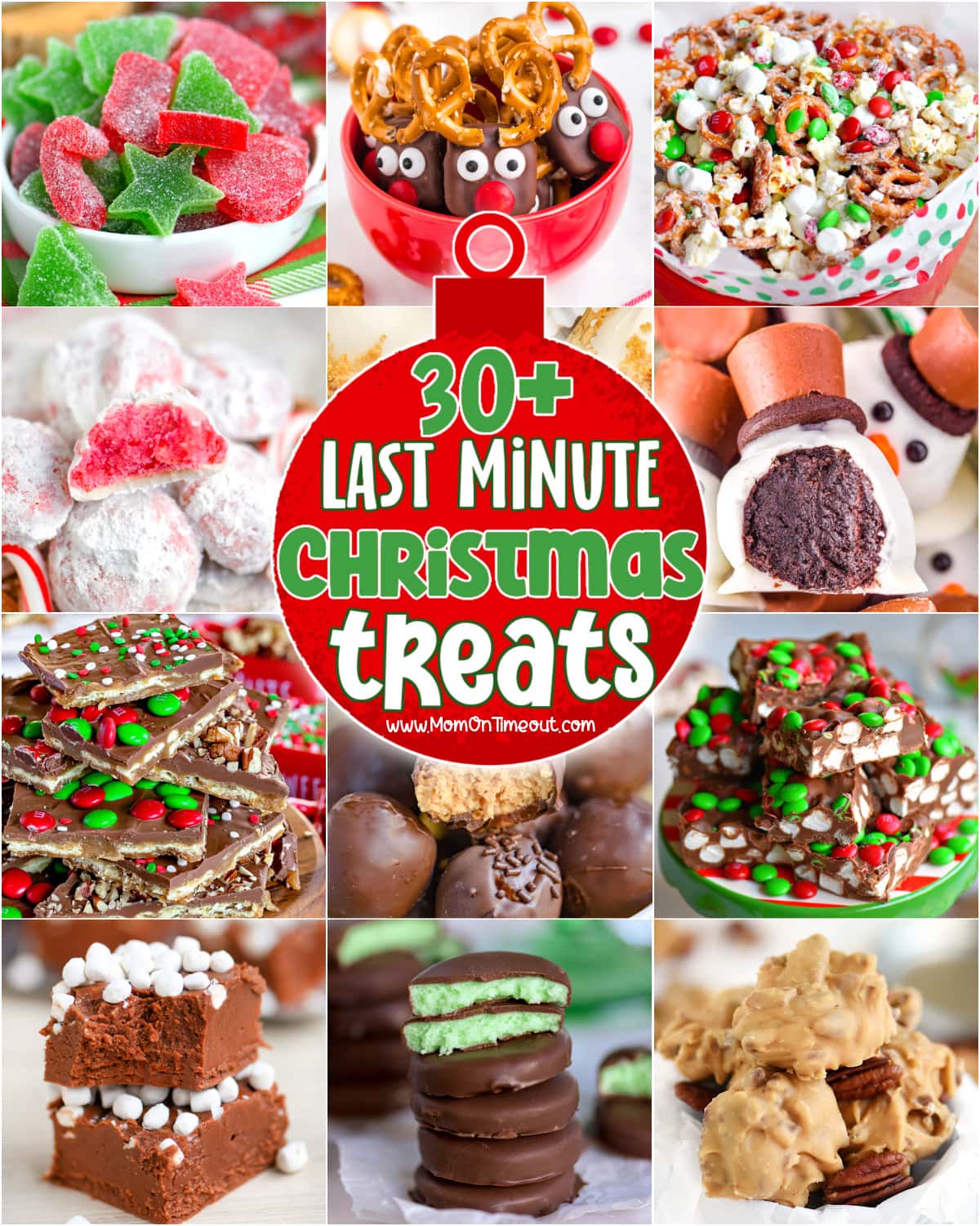 12 image collage showing quick and easy christmas treats that can be made at the last minute.