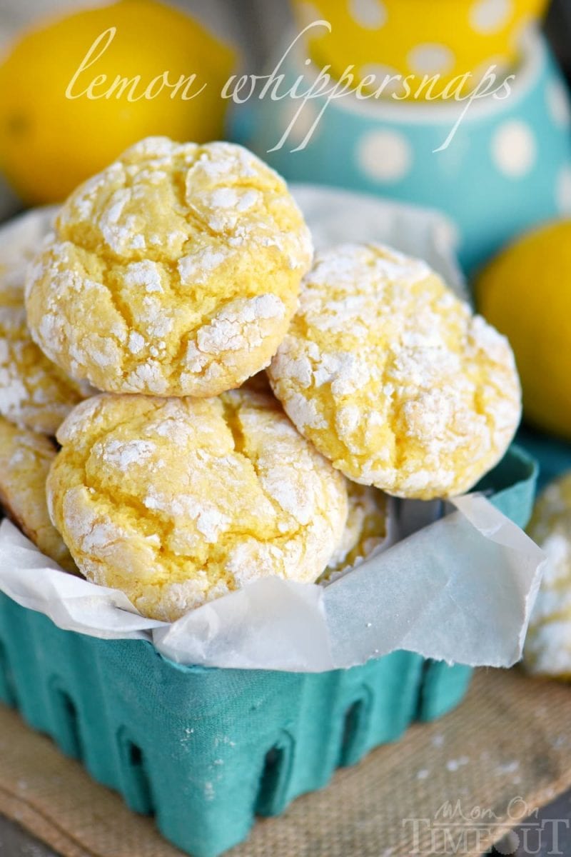 lemon cookies in small green basket lined with parchment