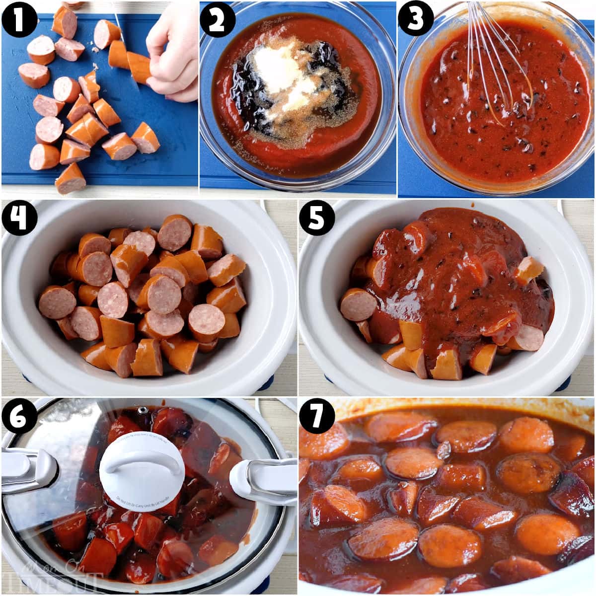 Seven image collage showing how to make kielbasa in the slow cooker.