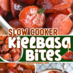 Three image collage showing slow cooker kielbasa on the slow cooker, with toothpicks in it served as an appetizer and also in a bowl with rice. Center color block with text overlay.