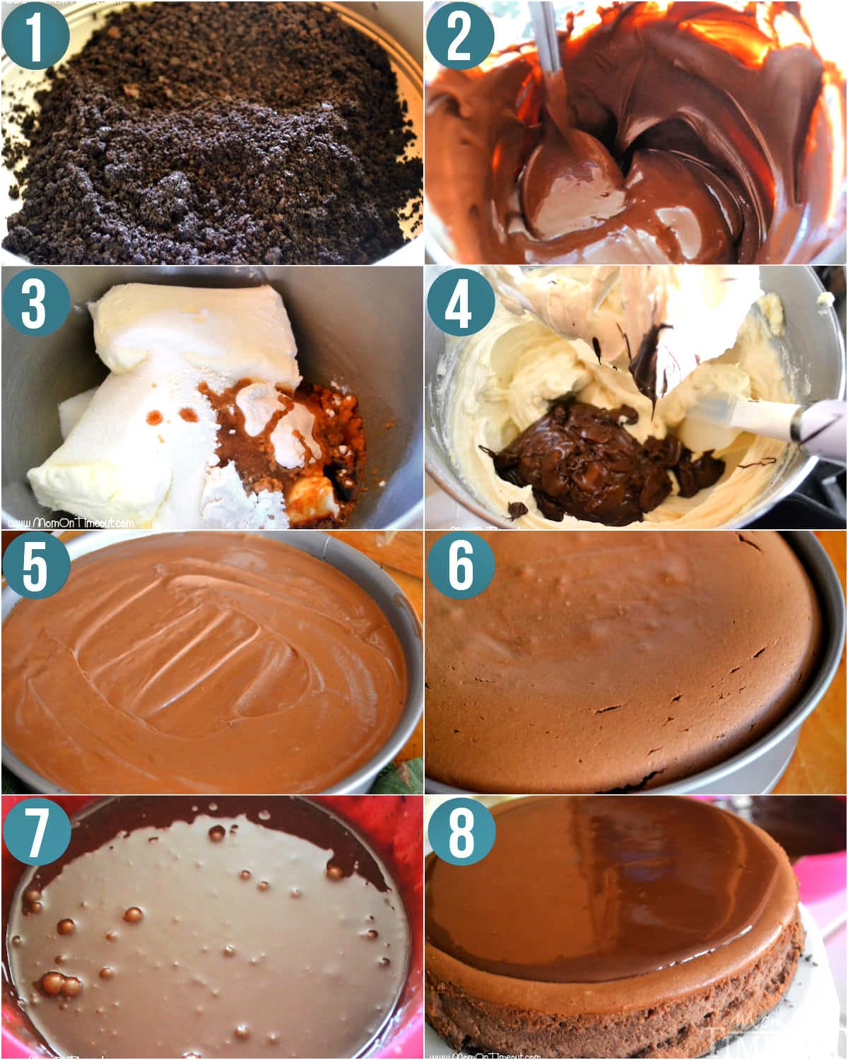 Eight image collage showing how to make chocolate cheesecake step by step.