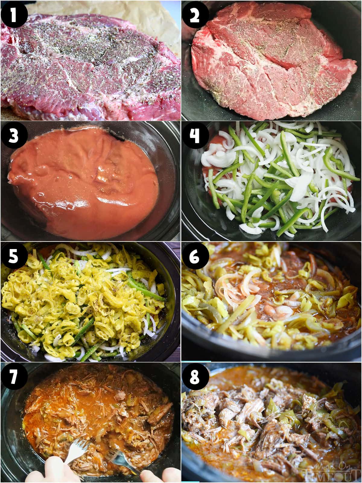 Eight image collage showing how to make italian beef in the slow cooker.