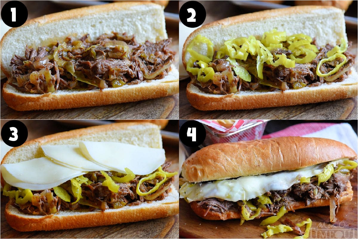 Four image collage showing how to make Italian Beef Sandwiches.