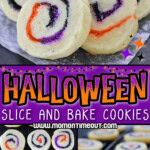 Three image collage showing spiral Halloween Cookies made with purple, orange and black sugars. Cookies are showing on cooling rack and fanned out on parchment paper. Center color block with text overlay.