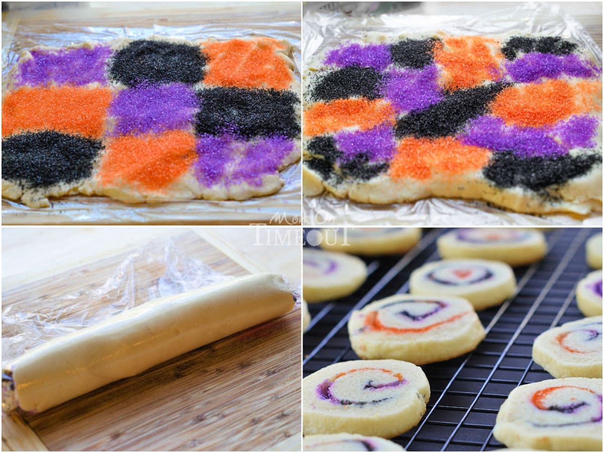 Four image collage showing how to make spiral Halloween cookies.