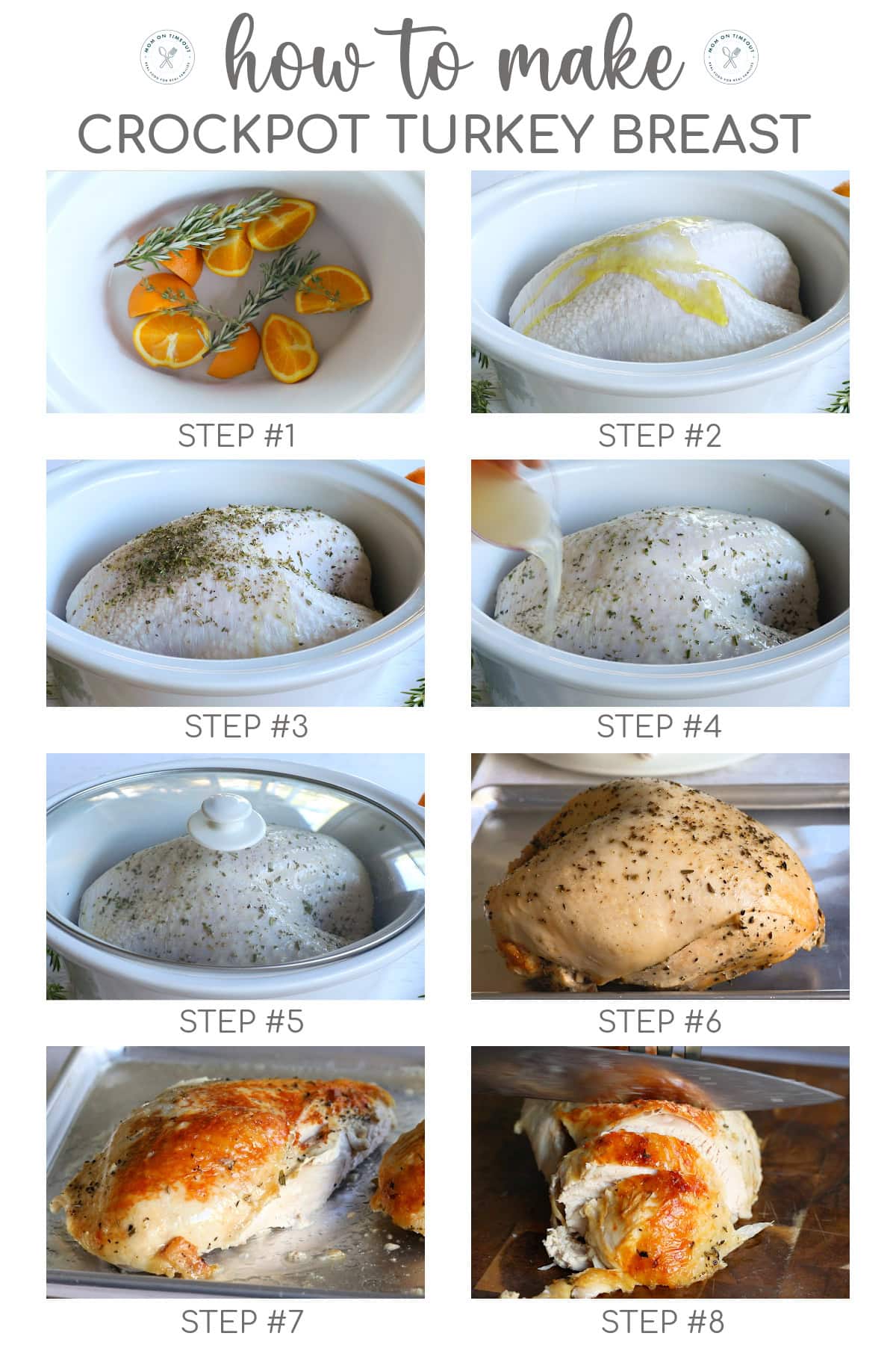 Eight image collage showing how to make crockpot turkey breast step by step.