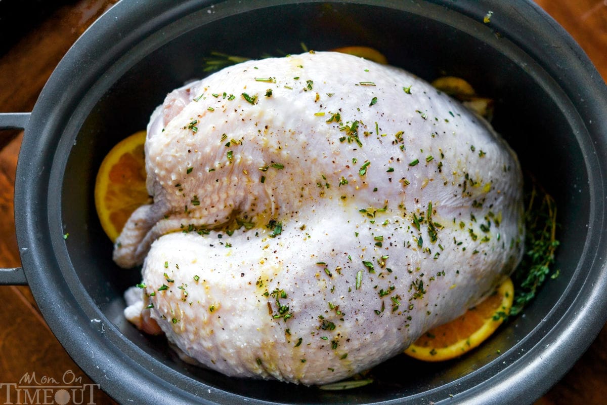 Top down look at turkey breast in slow cooker ready to be cooked.