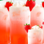 three strawberry italian sodas with text overlay at top and bottom of image.
