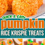 three image collage showing rice krispie treat pumpkins on a white plate topped with chocolate stems and candy leaves. center color block with text overlay.