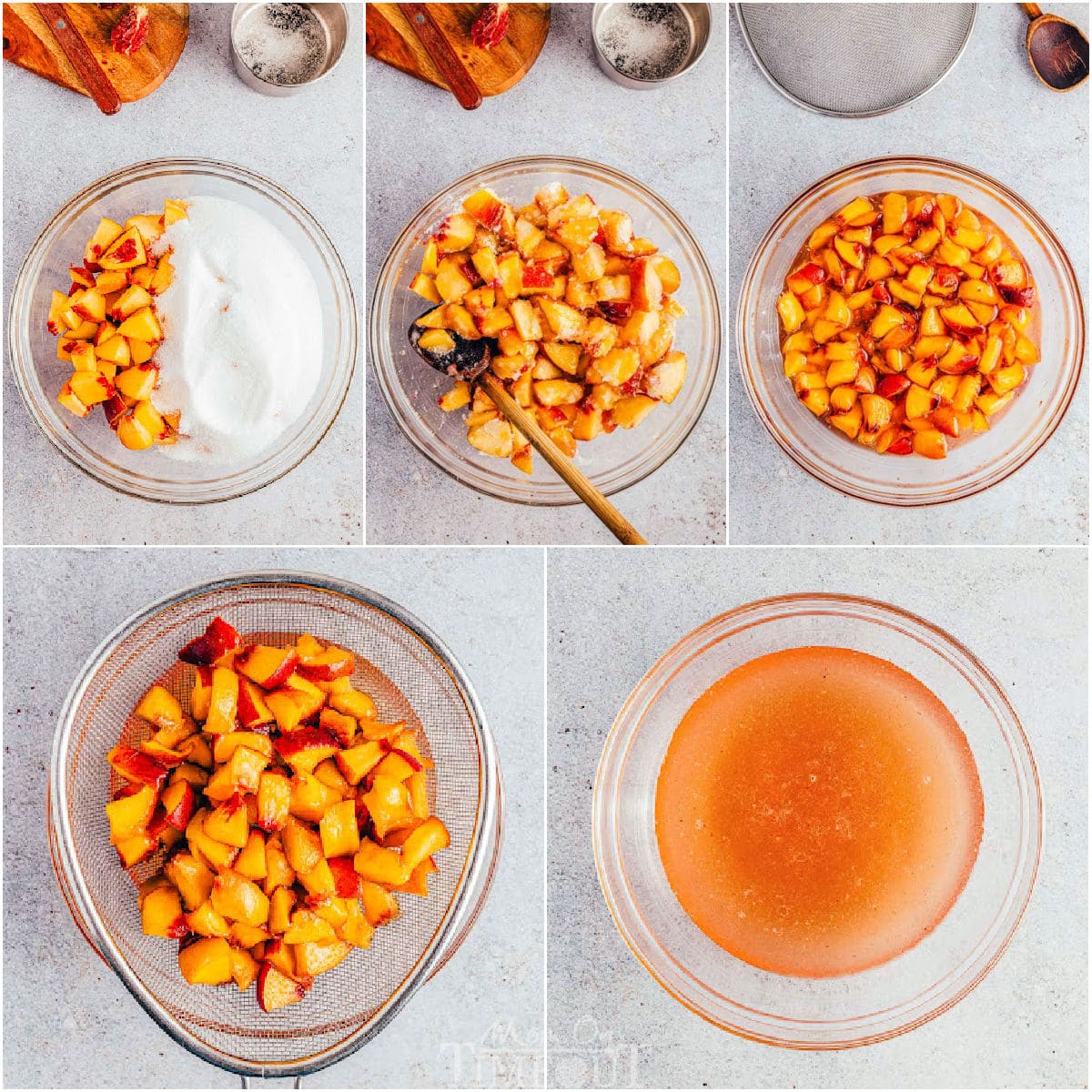 five image collage showing how to make peach syrup for peach tea with step by step process shots.