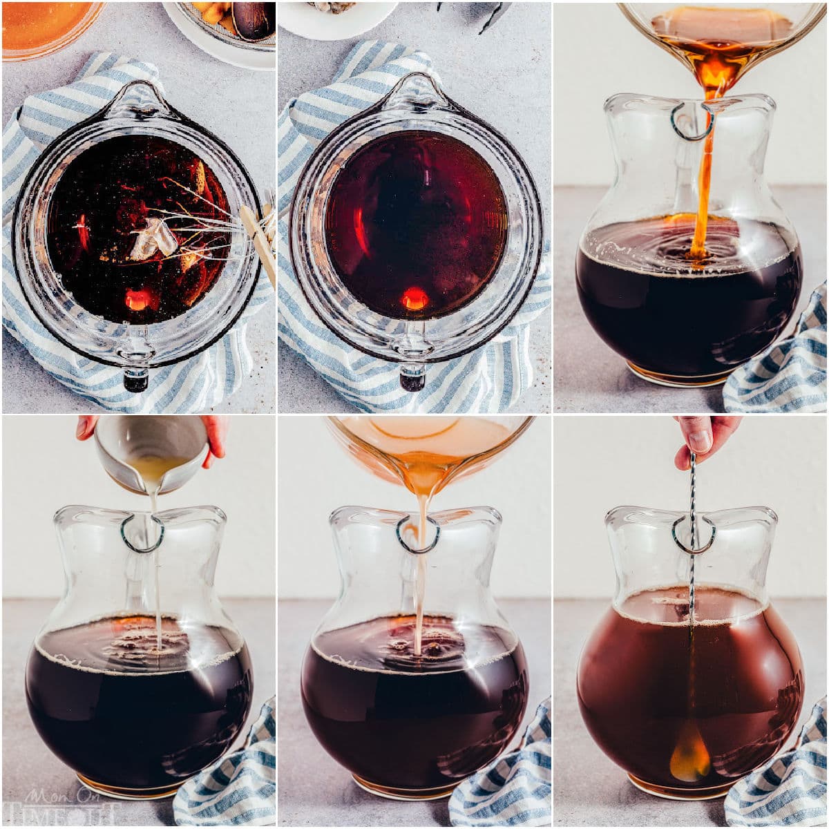 six image collage showing how to make peach tea step by step.