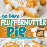 three image collage of fluffernutter pie plated in the pie dish and one piece being held above the rest of the pie. Center color block with text overlay.