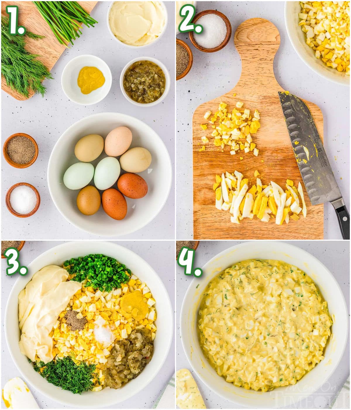 A collage of process shots for making egg salad.
