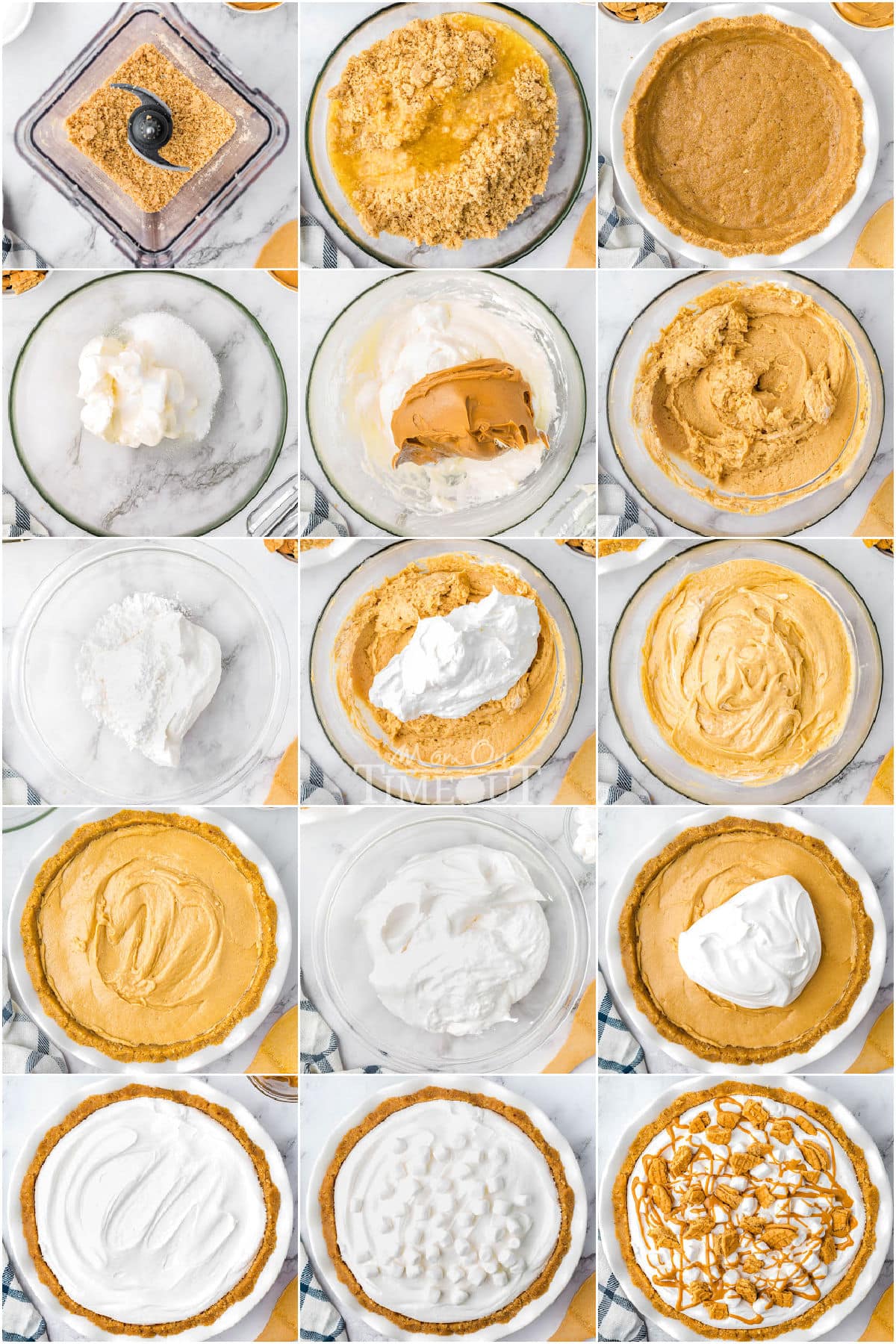 fifteen image collage showing how to make and assemble the fluffernutter pie recipe step by step.