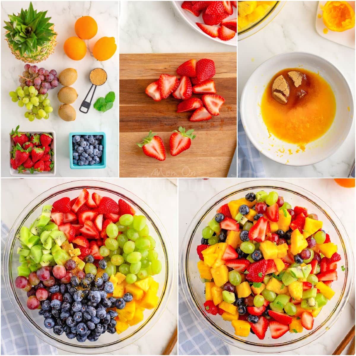 A collage of process shots for making fruit salad step by step including the fruit salad dressing.