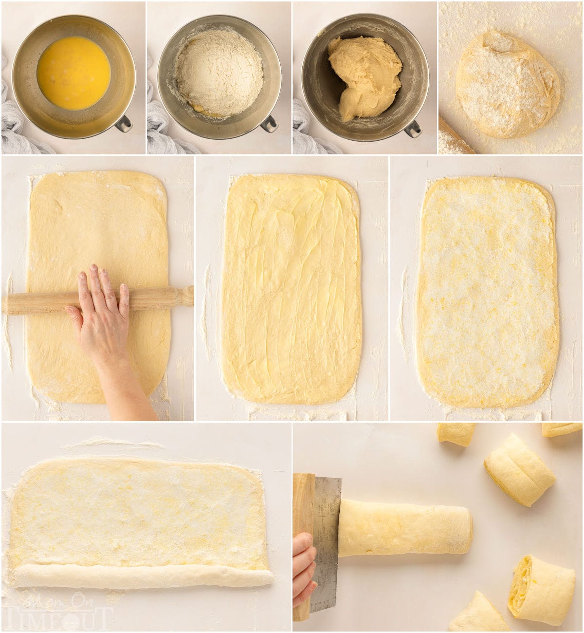 Collage process photos showing how to make lemon rolls.