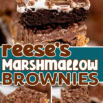 Three image collage for reeses marshmallow brownies recipe. Shows the brownies stacked and one image shows a bite taken from the brownie. Center color block with text overlay.