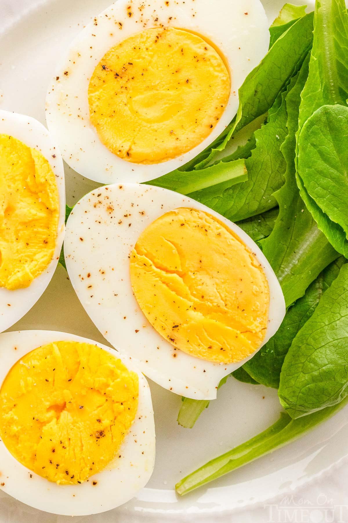 Hard boiled eggs on top of spinach leaves.