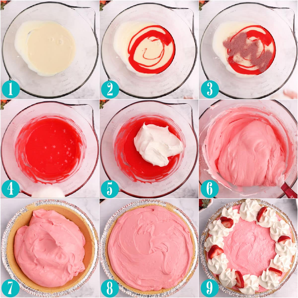 nine image collage showing how to make a kool aid pie step by step.