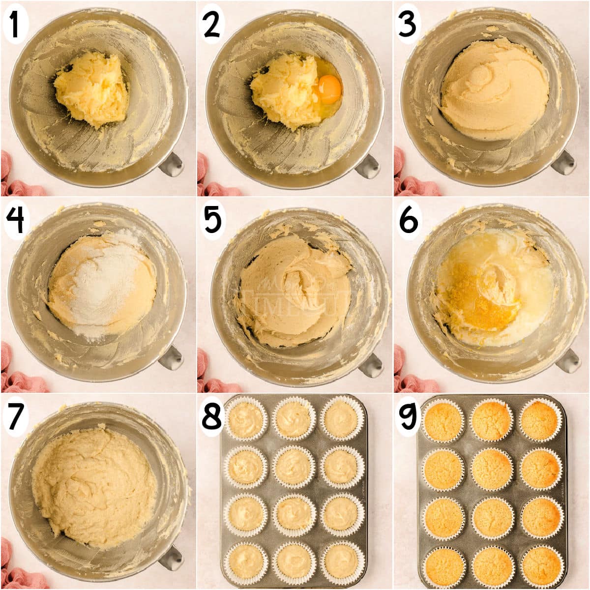 Collage of process shots that show how to make lemon cupcakes.