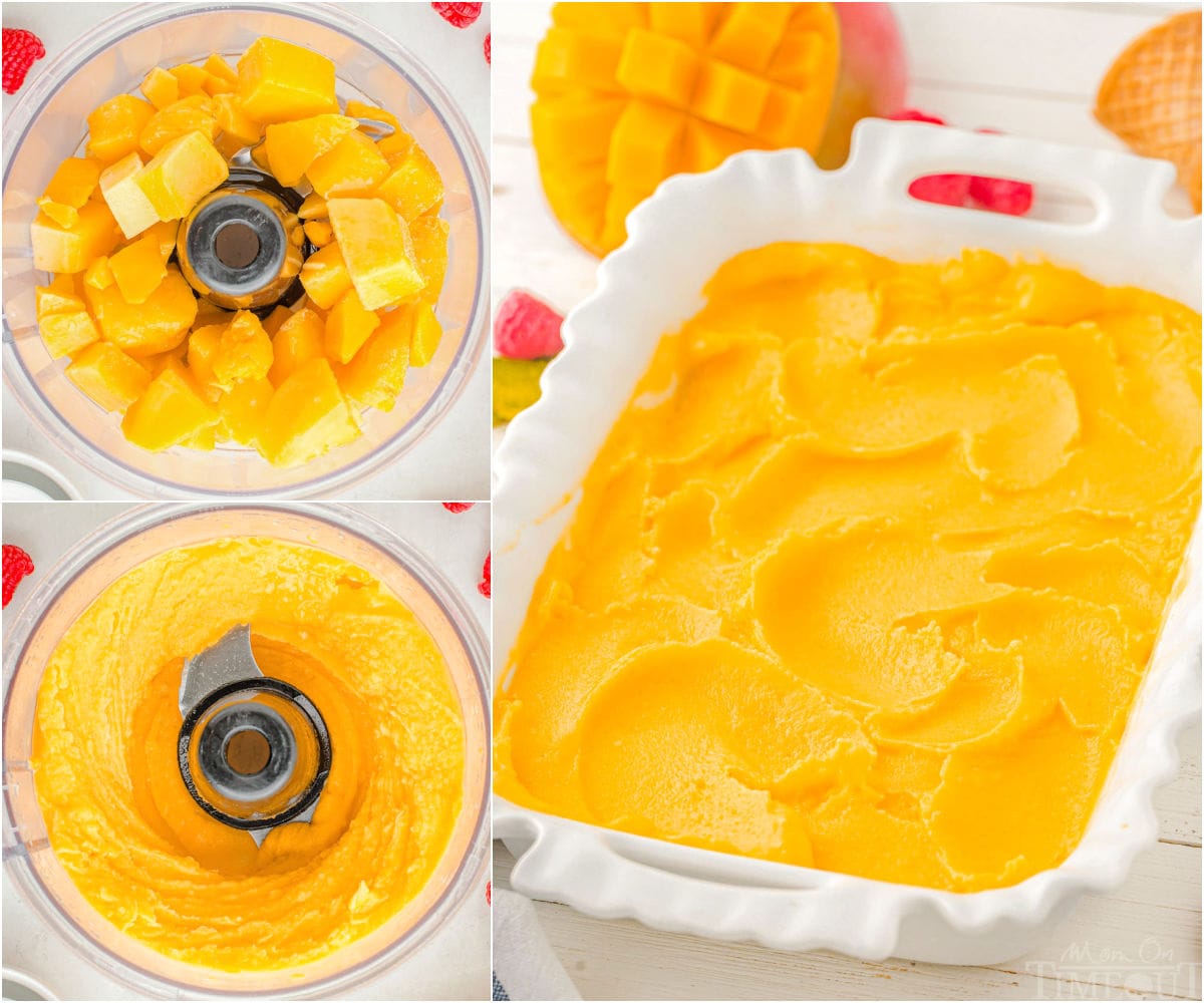 Collage image that shows process shots for making mango sorbet.