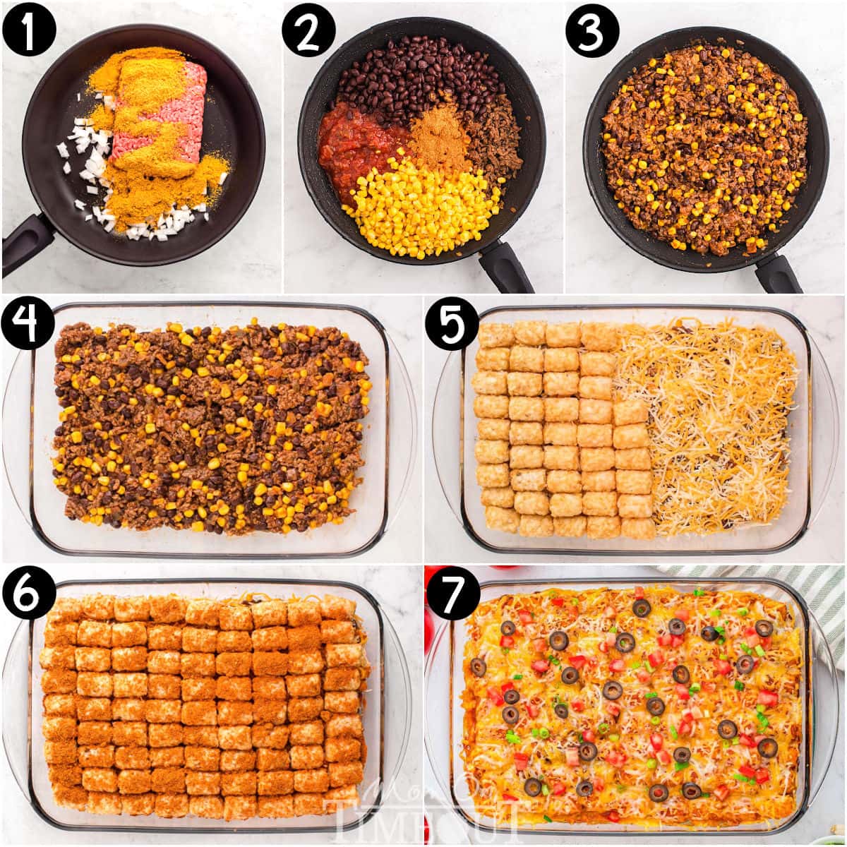 A collage of process shots for making mexican tater tot casserole.