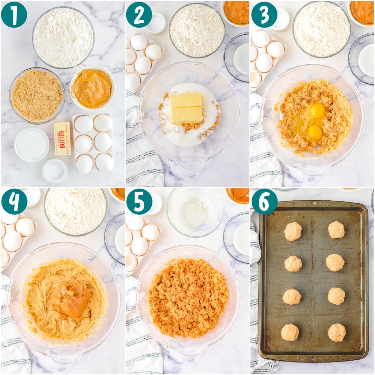 Six image collage showing how to make soft and chewy peanut butter cookies.