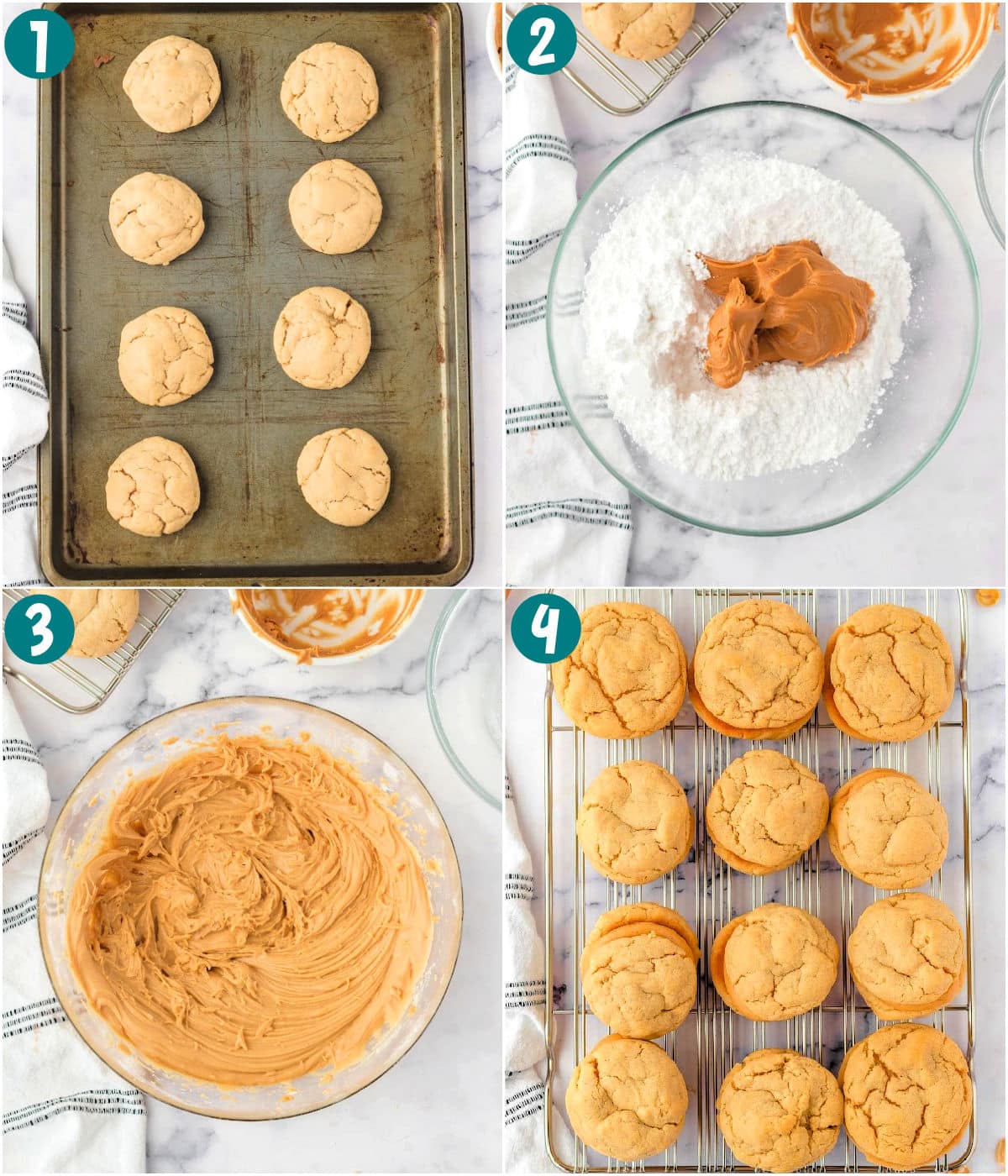 Four image collage showing how to make peanut butter sandwich cookies filling and assembling them.