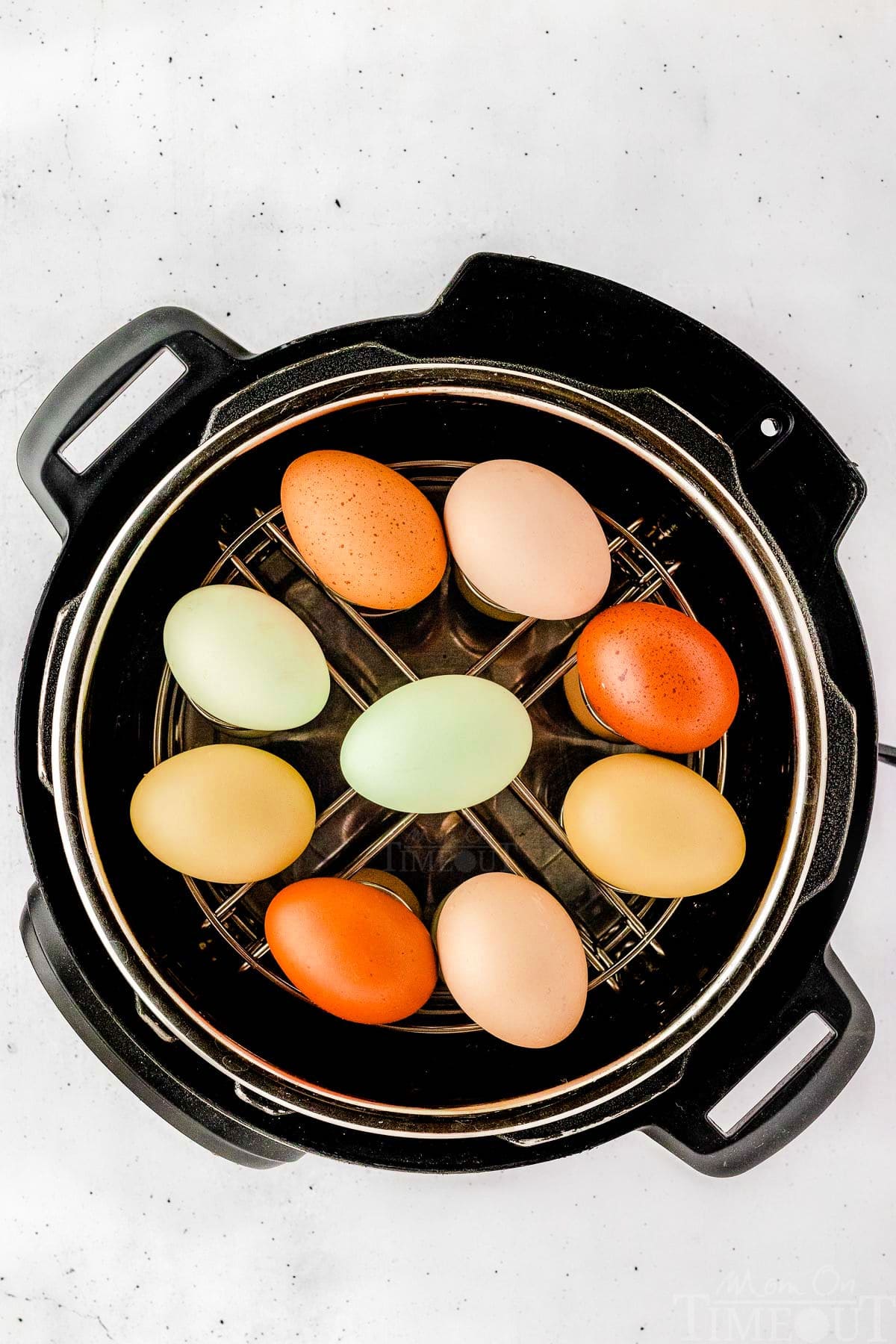Top down view of hard boiled eggs in an Instant Pot.