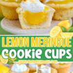 Three image collage of lemon meringue cookie cups ready to be served on small cake stands. Top image shows one of the cups cut in half so the lemon curd filling and meringue topping show well. Center color block with text overlay.