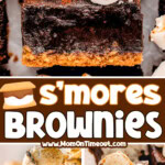Three image collage of smores brownies showing the toasted marshmallows on top and graham cracker crust. One of the images shows the brownie with a bite taken out of it. Center color block with text overlay.