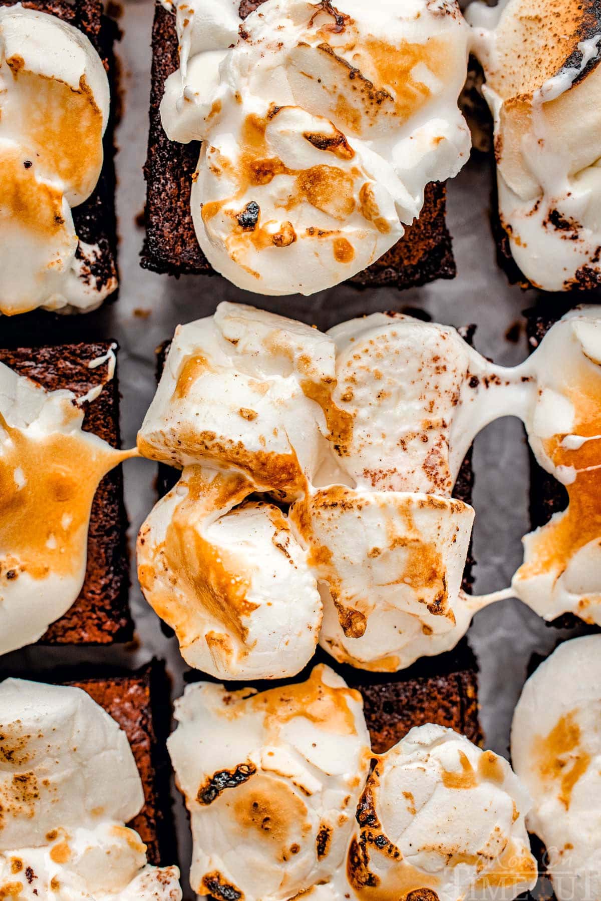 top down shot of ooey, gooey toasted marshmallows on top of brownies.