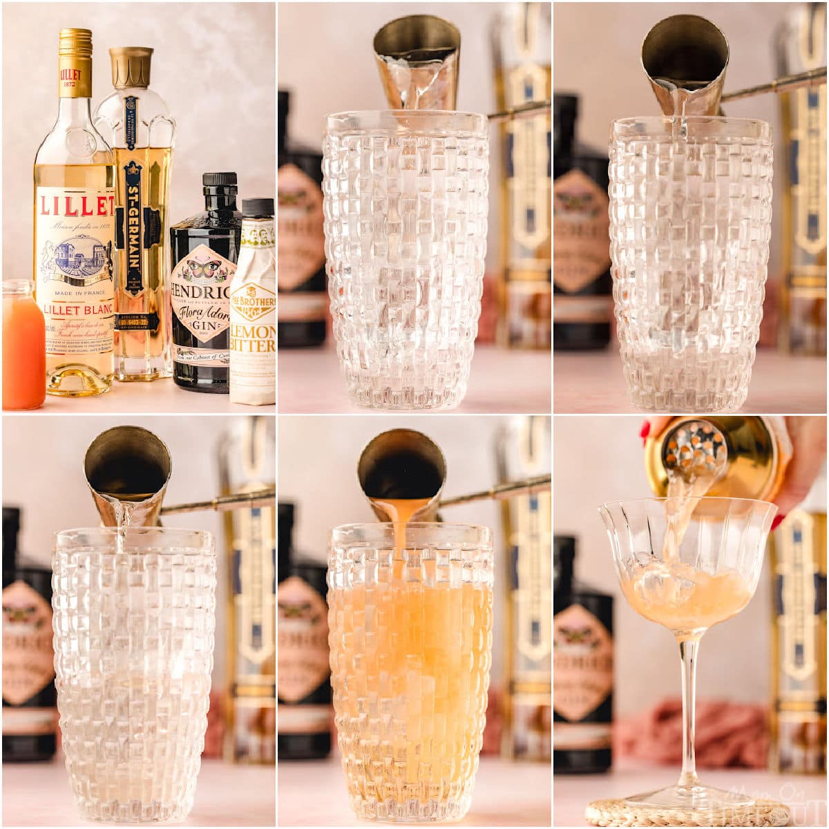 Collage image that shows process shots for making french blonde cocktail.